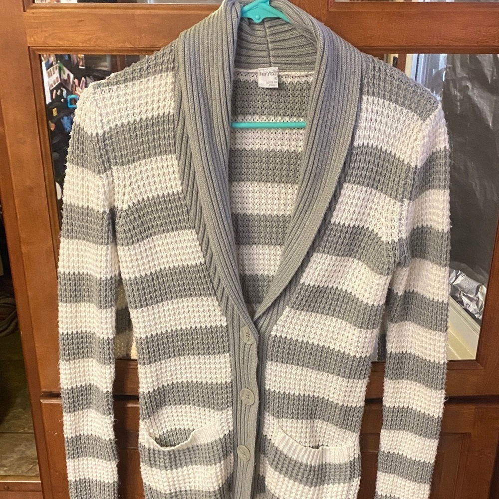 Gray and White Small Striped Knit Button Front Cardigan w/Pockets Fall Career